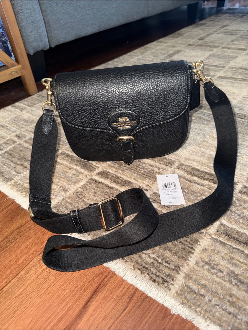 Coach Black Amelia Pebbled Leather Crossbody Saddle Bag with Gold Hardware